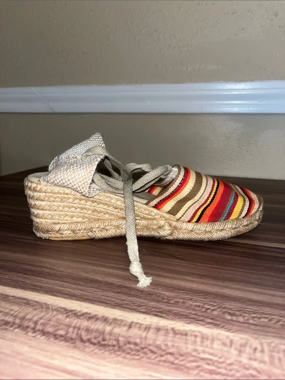 Lord and Taylor  Striped Multicolor Espadrille with ties around ankle